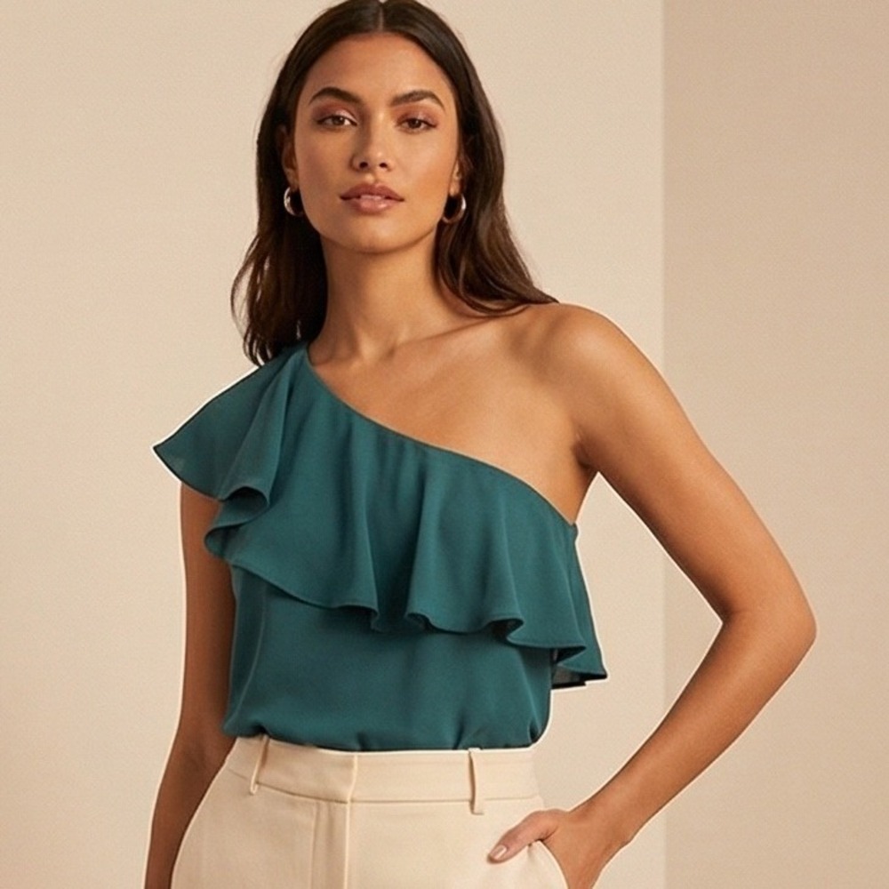 Maeve Anthropologie 4 One Shoulder Ruffle Silk Blouse Teal Green‎ Fairy Elegant